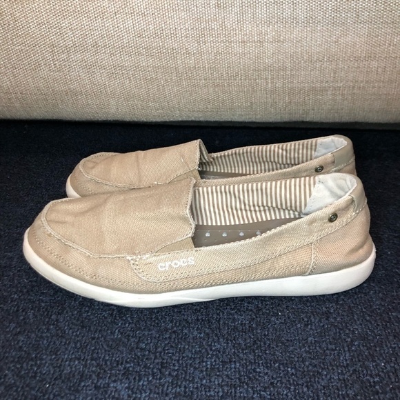 Crocs Walu Khaki Canvas Slip On Loafers Size 11 - Picture 3 of 8